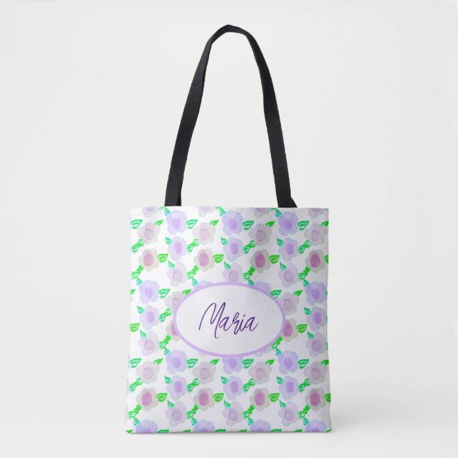 Cute Purple Watercolor Flower Art Tote Bag (Front)