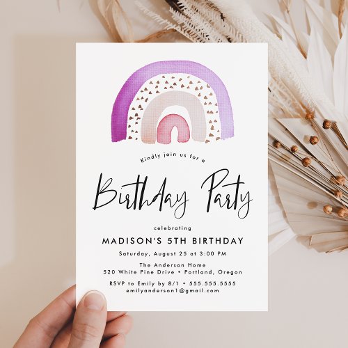 Cute Purple Watercolor Rainbow Birthday Party Invitation