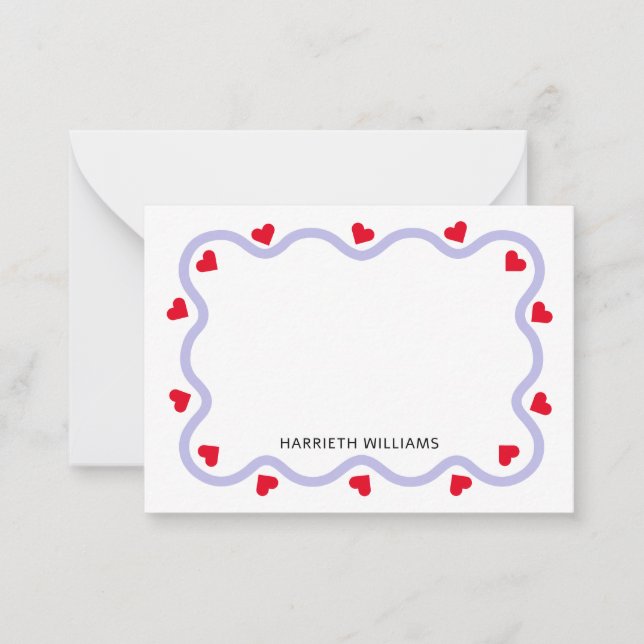 Cute Purple Wave Border and Red Heart Note Card (Front)