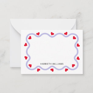 Cute Purple Wave Border and Red Heart Note Card