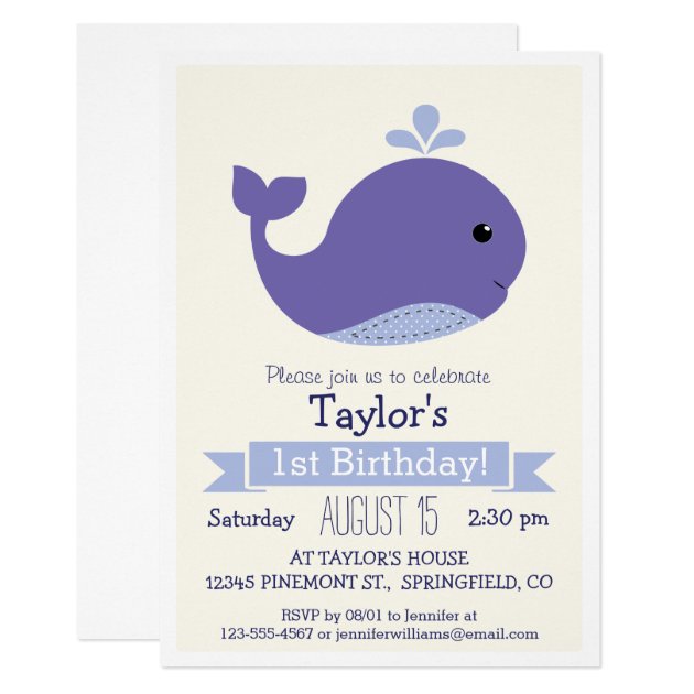 Cute Purple Whale Kid's Birthday Party Invitation