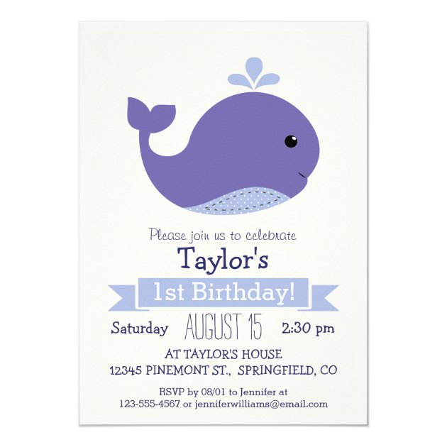 Cute Purple Whale Kid's Birthday Party Invitation