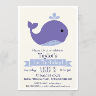 Cute Purple Whale Kid's Birthday Party Invitation