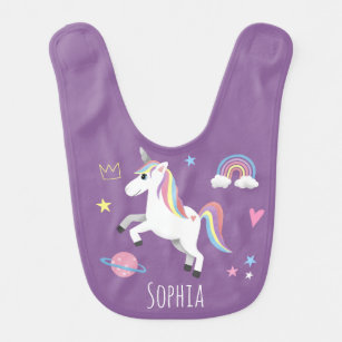 Cute Purple Whimsical Magical Unicorn Princess Baby Bib