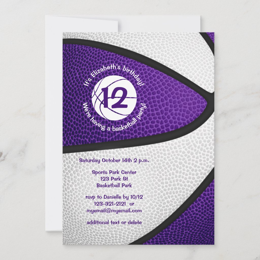 cute purple white basketball girls sports party invitation