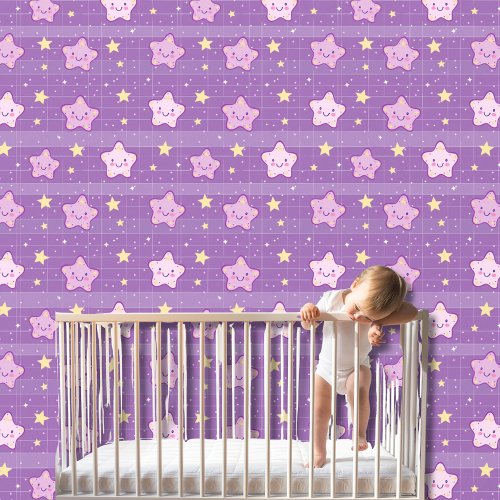 Cute Purple White Kawaii Stars Nursery Kids Room Wallpaper