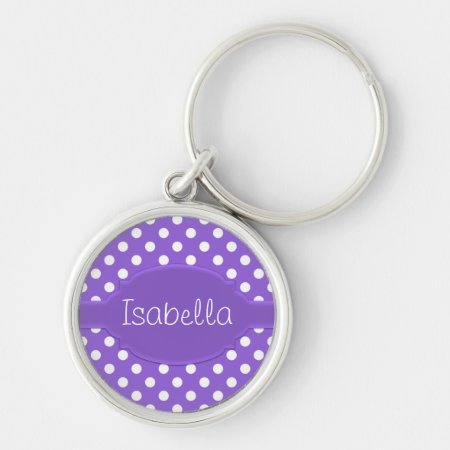 Cute Purple & White Polka Dot Pattern & Nameplate Keychain