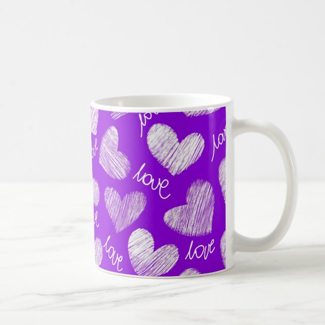 Cute Purple White Scribbled Heart with Love Script Coffee Mug (Right)