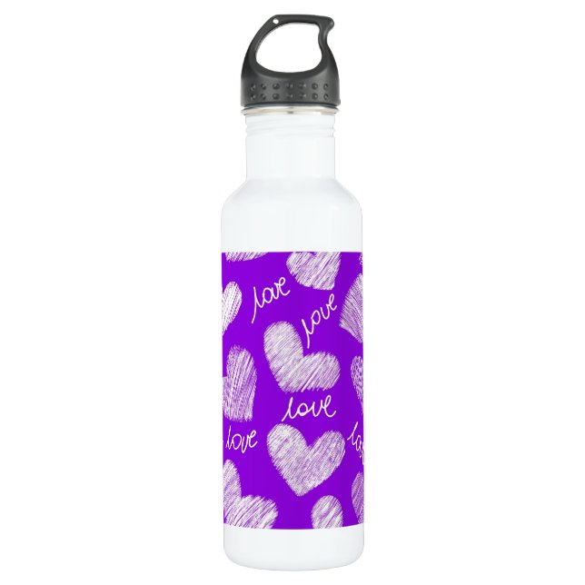 Cute Purple White Scribbled Heart with Love Script Water Bottle (Front)