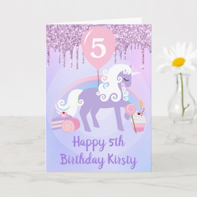 Cute Purple & White Unicorn Treats Birthday Card (Small Plant)