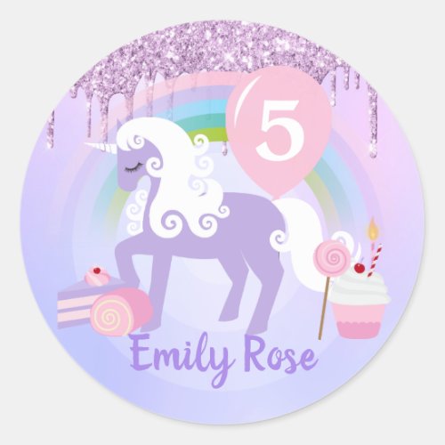 Cute Purple  White Unicorn Treats Birthday Classic Round Sticker