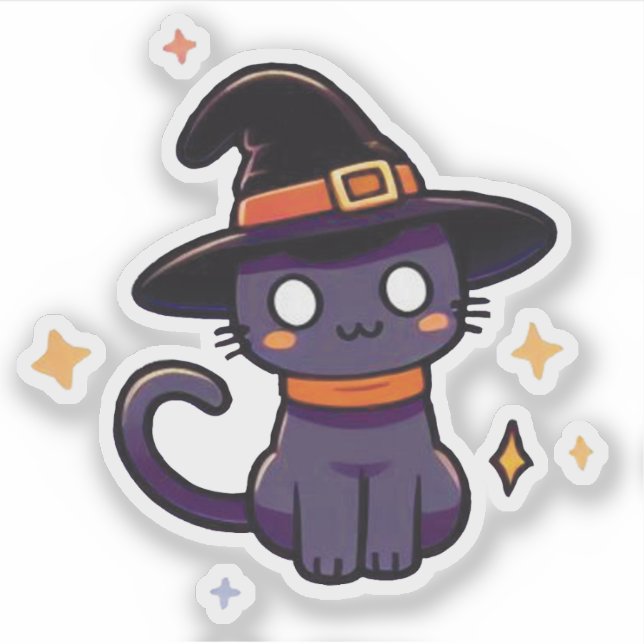 Cute Purple Witch Cat - Kawaii Halloween Kitten Sticker (Front)