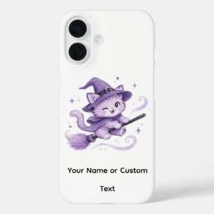 Cute Purple Witch Cat  on Broomstick Halloween iPhone 16 Case