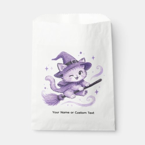 Cute Purple Witch Cat  on Broomstick Halloween Favor Bag