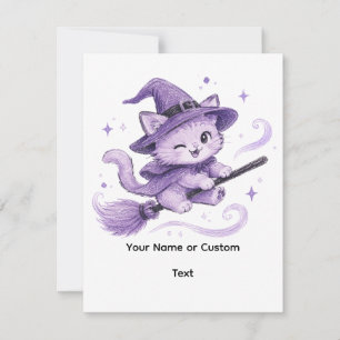 Cute Purple Witch Cat on Broomstick Halloween Note Card