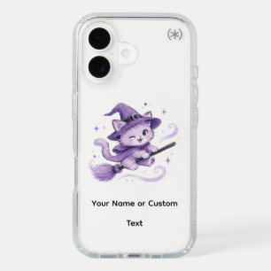 Cute Purple Witch Cat  on Broomstick Halloween iPhone 16 Case