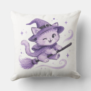 Cute Purple Witch Cat on Broomstick Halloween Throw Pillow