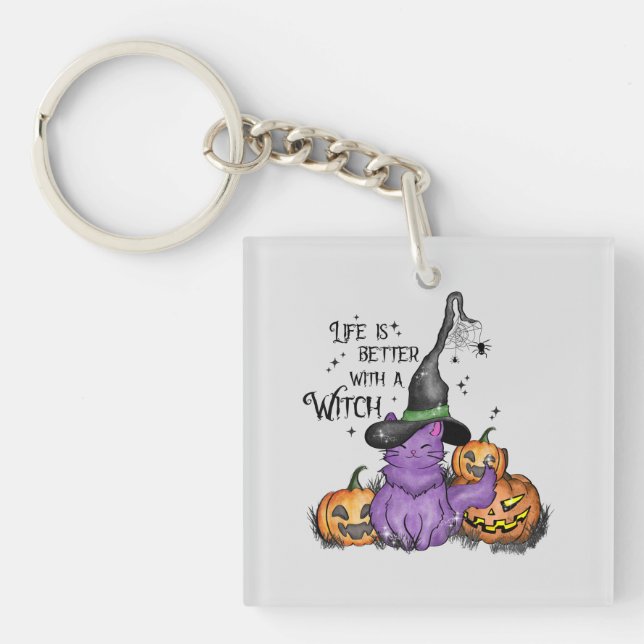 Cute Purple Witch Cat with Jack-O'-Lanterns Keychain (Front)