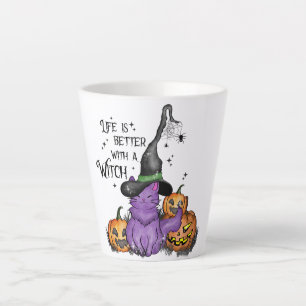 Cute Purple Witch Cat with Jack-O'-Lanterns Latte Mug