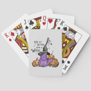 Cute Purple Witch Cat with Jack-O'-Lanterns Poker Cards