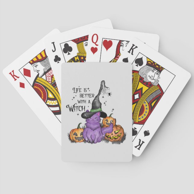 Cute Purple Witch Cat with Jack-O'-Lanterns Poker Cards (Back)