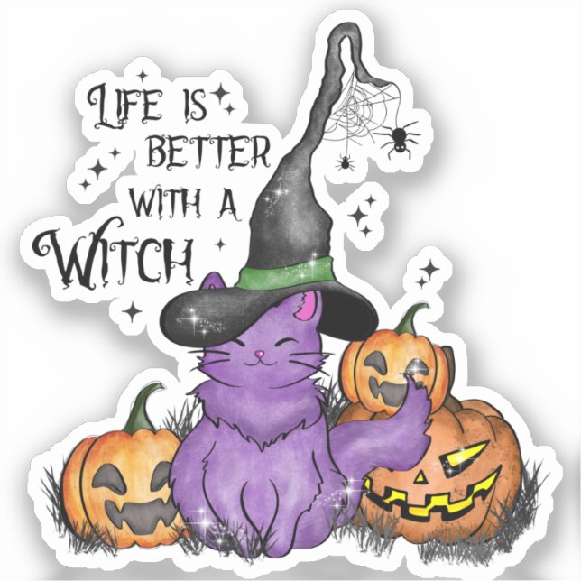 Cute Purple Witch Cat with Jack-O'-Lanterns Sticker (Front)