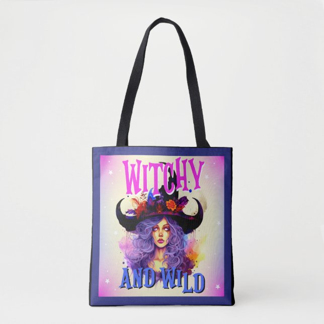 Cute Purple Witch Halloween Themed Tote Bag (Front)