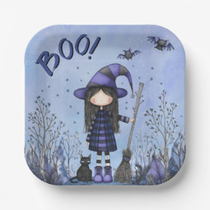 Cute Purple Witch Kids Halloween Paper Plates