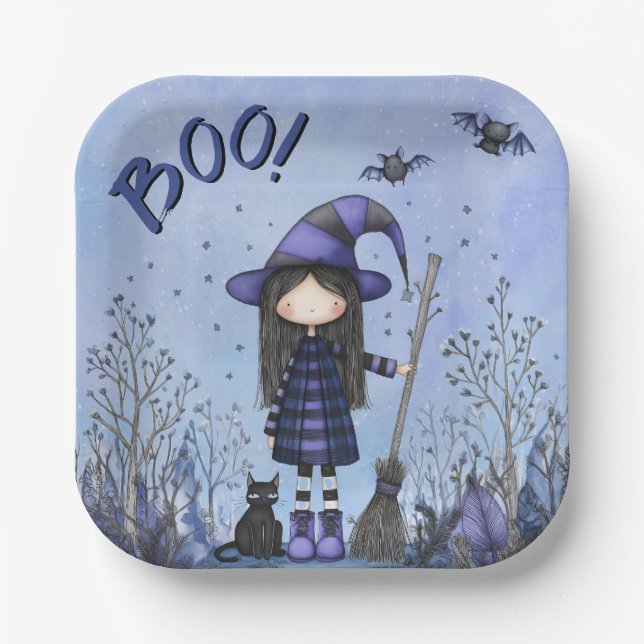 Cute Purple Witch Kids Halloween Paper Plates (Front)