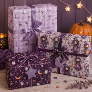 Cute Purple Witch & Owl Halloween Gift Wrapping Paper Sheets