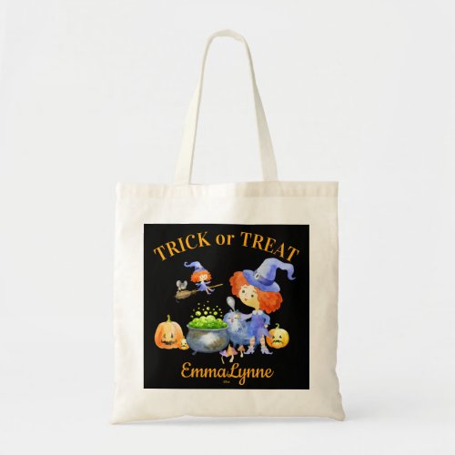 Cute Purple Witchy Trick O Treat Name Halloween Tote Bag