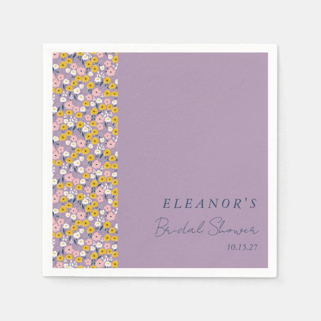 Cute Purple Yellow Floral Bridal Shower Custom Napkins (Front)