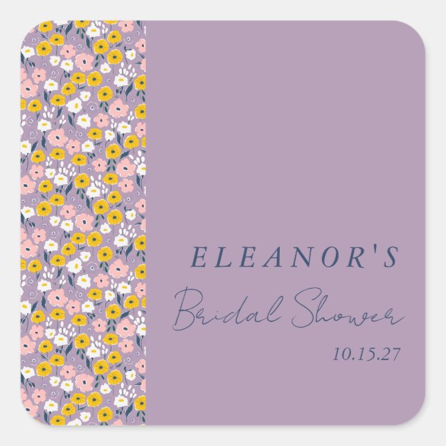 Cute Purple Yellow Floral Bridal Shower Custom Square Sticker (Front)