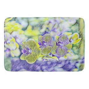Cute purple yellow orchids flowers watercolor  bath mat