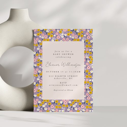 Cute Purple Yellow Pink Floral Baby Shower Invitation
