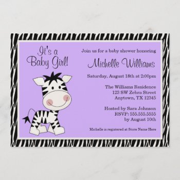 Cute Purple Zebra Girl Baby Shower Invitation by WhimsicalPrintStudio at Zazzle
