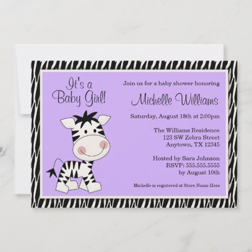 Cute Purple Zebra Girl Baby Shower Custom Invite
