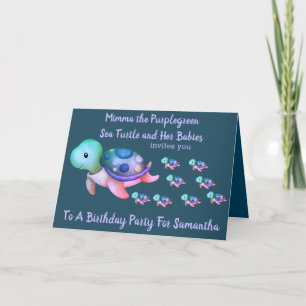 Cute Purplegreen Sea Turtle & Babies Birthday Announcement