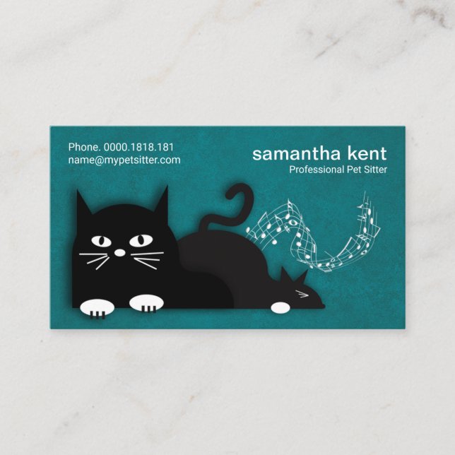 Cute Purring Cats Elegant Cyan Grunge Pet Sitter Business Card (Front)