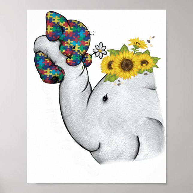 Cute Puzzle Elephant Mom Autism Awareness Poster (Front)