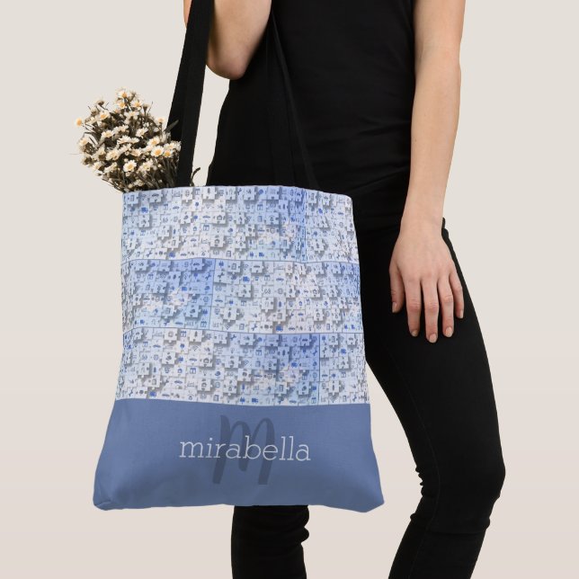 Cute Puzzle Pieces Monogrammed Tote Bag (Close Up)