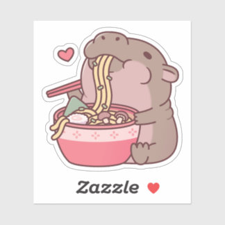 Cute Pygmy Hippo Slurping On Ramen Noodles Sticker