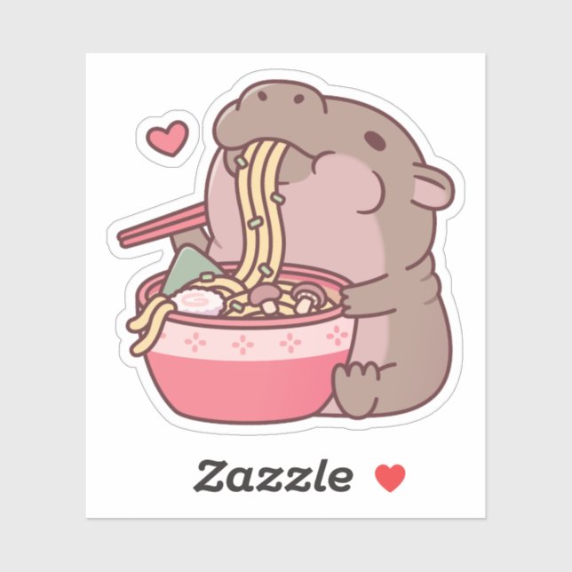Cute Pygmy Hippo Slurping On Ramen Noodles Sticker (Sheet)