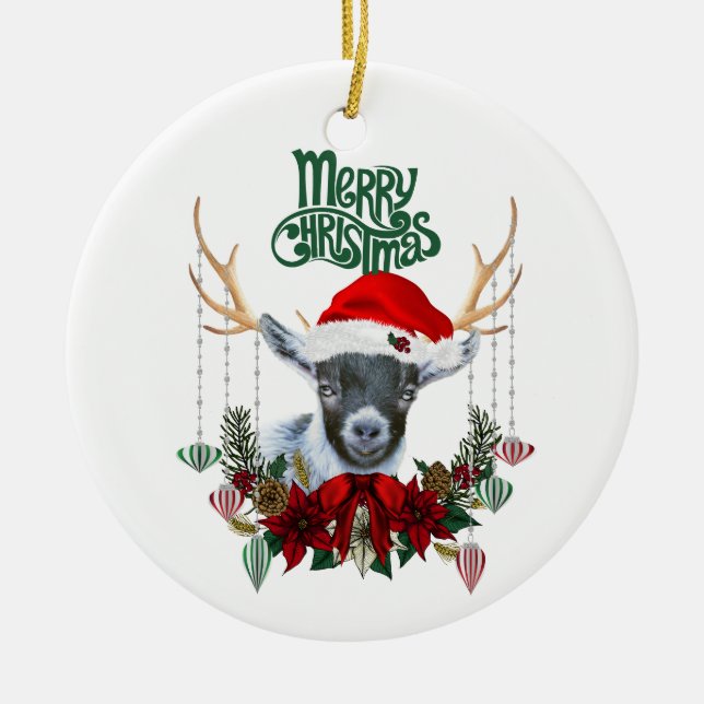 Cute Pygmy Kid Goat Christmas Ceramic Ornament (Front)