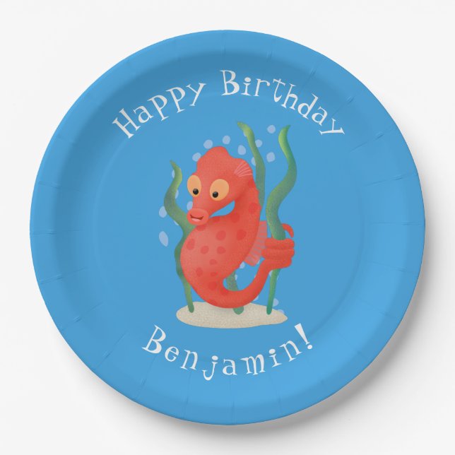 Cute pygmy seahorse cartoon paper plates (Front)