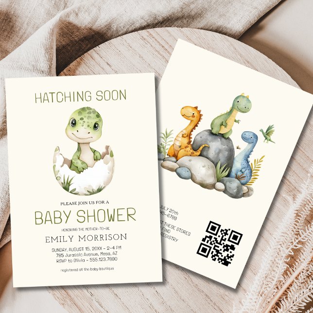Cute QR Code Dinosaur Hatching Soon Baby Shower Invitation (Creator Uploaded)