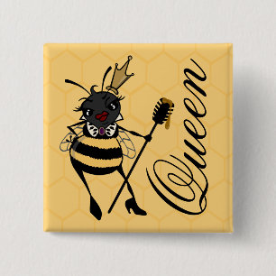 CUTE QUEEN BEE GRAPHIC SQUARE PIN BACK BUTTON