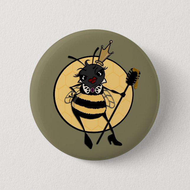 CUTE QUEEN BEE PIN BACK ROUND BUTTON (Front)
