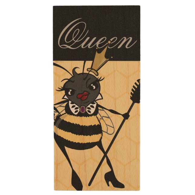 CUTE QUEEN BEE WOOD USB FLASH DRIVE (Front Vertical)