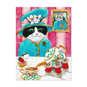 Cute Queen Elizabeth Cat Mouse Tea postcard